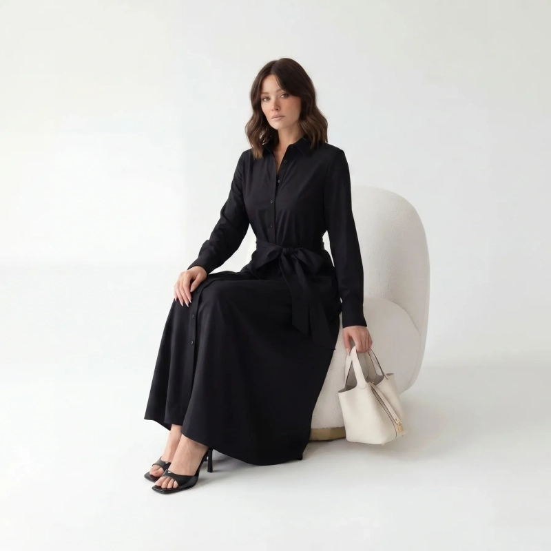 Women's Premium Shirt Long - Sleeve Maxi Dress With Fabric Belt &mdash; Daytime Socials, Luxury Resort Lounging &amp; Summer Escapes - Black