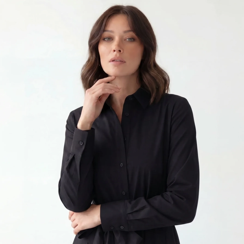 Women's Premium Shirt Long - Sleeve Maxi Dress With Fabric Belt &mdash; Daytime Socials, Luxury Resort Lounging &amp; Summer Escapes - Black