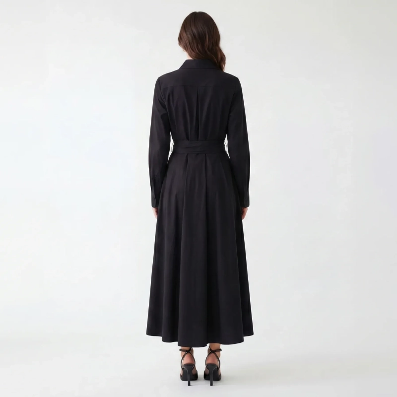 Women's Premium Shirt Long - Sleeve Maxi Dress With Fabric Belt &mdash; Daytime Socials, Luxury Resort Lounging &amp; Summer Escapes - Black
