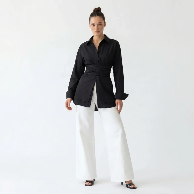 Women's Premium Casual Long - Sleeve Button - Up Shirt With Fabric Belt &mdash; Luxury Lounging, Daytime Socials &amp; Summer Escapes  - Black