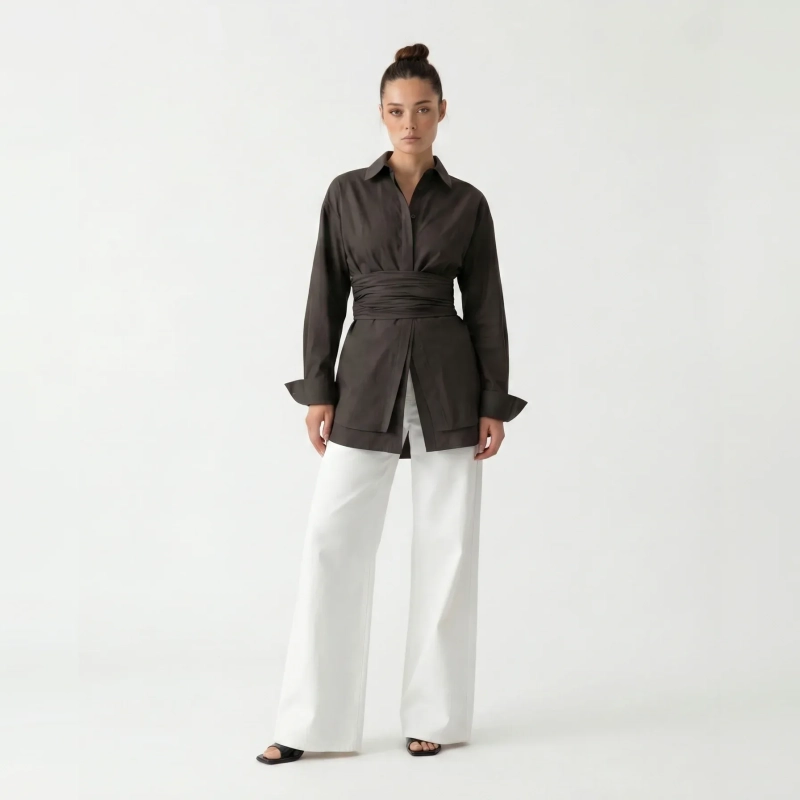 Women's Premium Casual Long - Sleeve Button - Up Shirt With Fabric Belt&mdash; Luxury Lounging, Daytime Socials &amp; Summer Escapes  - Brown