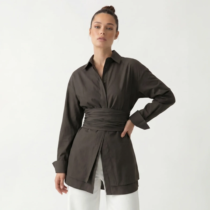 Women's Premium Casual Long - Sleeve Button - Up Shirt With Fabric Belt&mdash; Luxury Lounging, Daytime Socials &amp; Summer Escapes  - Brown