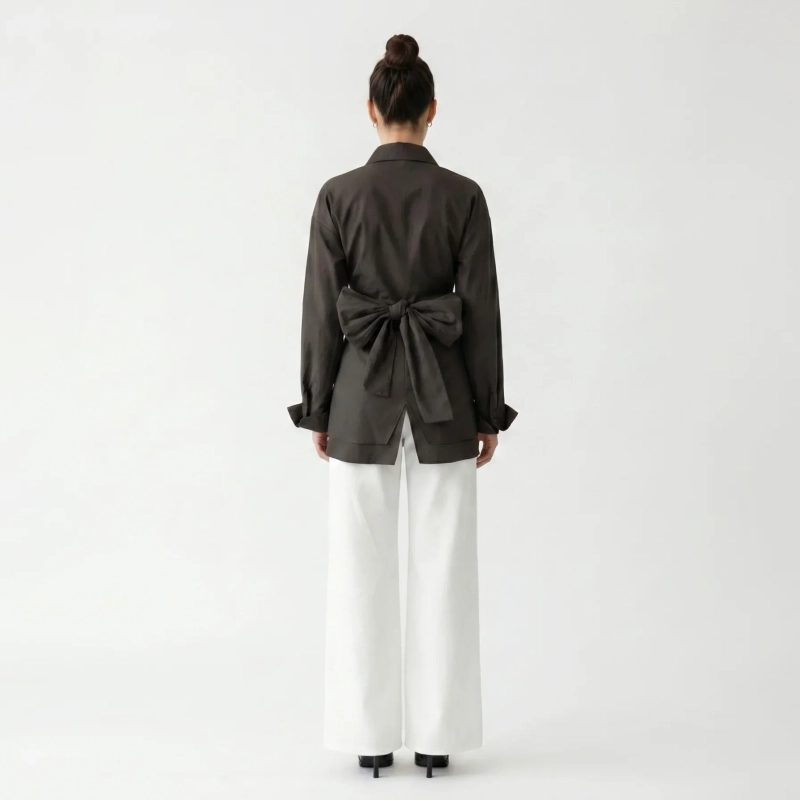 Women's Premium Casual Long - Sleeve Button - Up Shirt With Fabric Belt&mdash; Luxury Lounging, Daytime Socials &amp; Summer Escapes  - Brown
