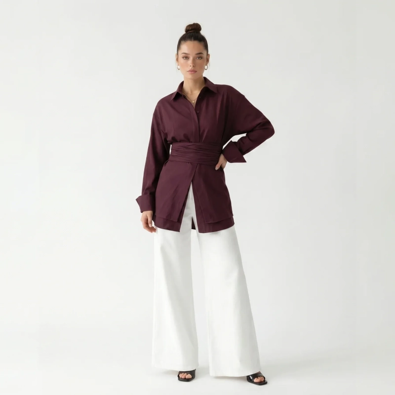 Women's Premium Casual Long - Sleeve Button - Up Shirt With Fabric Belt&mdash; Luxury Lounging, Daytime Socials &amp; Summer Escapes  - Burgundy