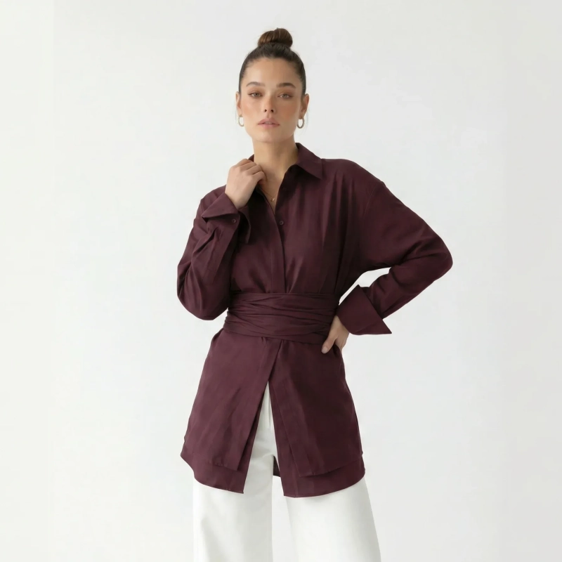 Women's Premium Casual Long - Sleeve Button - Up Shirt With Fabric Belt&mdash; Luxury Lounging, Daytime Socials &amp; Summer Escapes  - Burgundy