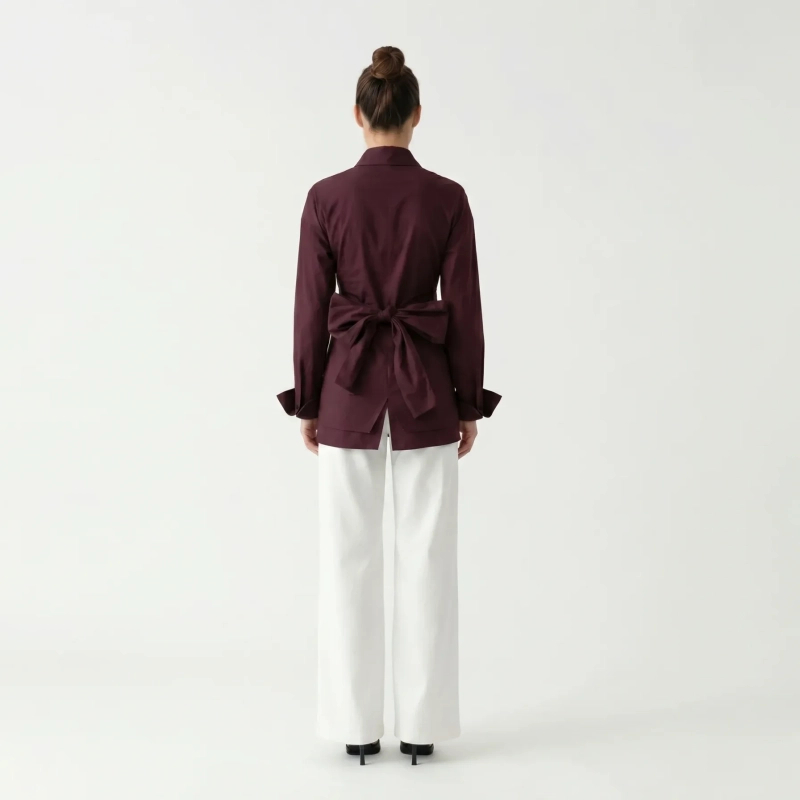 Women's Premium Casual Long - Sleeve Button - Up Shirt With Fabric Belt&mdash; Luxury Lounging, Daytime Socials &amp; Summer Escapes  - Burgundy