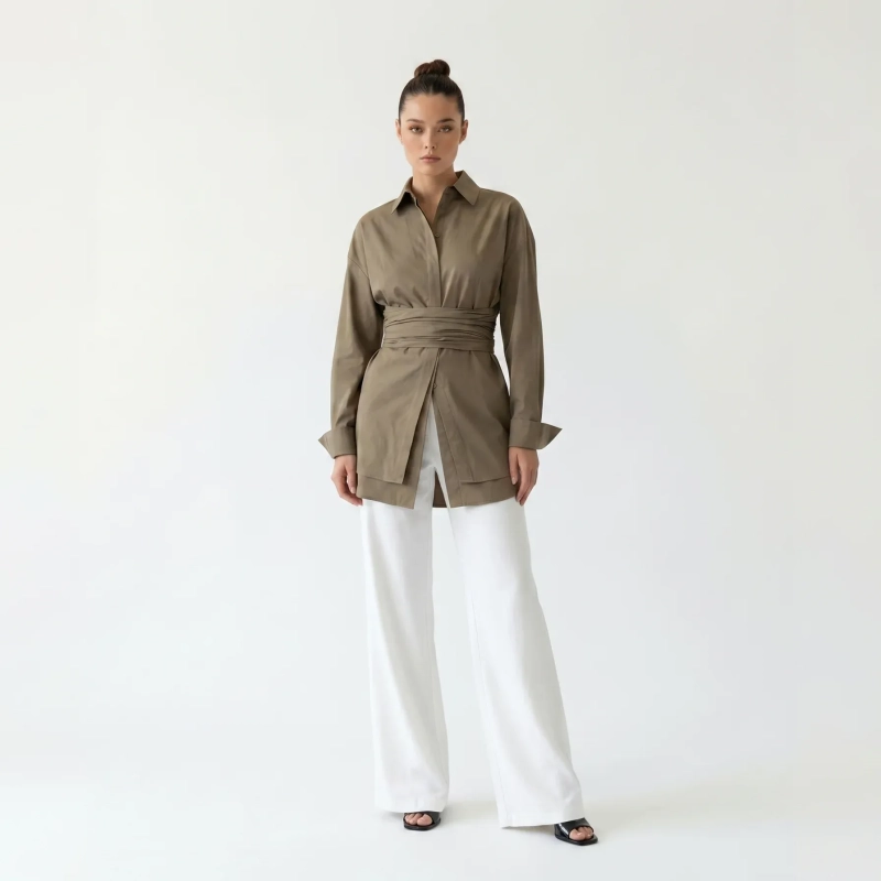 Women's Premium Casual Long - Sleeve Button - Up Shirt With Fabric Belt&mdash; Luxury Lounging, Daytime Socials &amp; Summer Escapes  - Khaki