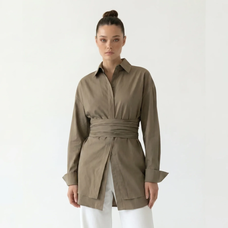 Women's Premium Casual Long - Sleeve Button - Up Shirt With Fabric Belt&mdash; Luxury Lounging, Daytime Socials &amp; Summer Escapes  - Khaki