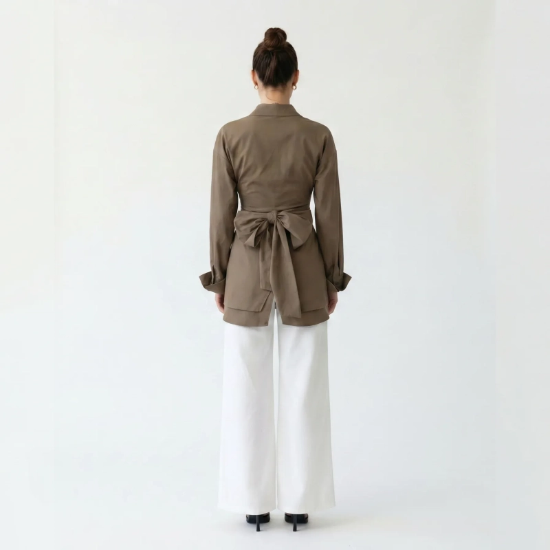 Women's Premium Casual Long - Sleeve Button - Up Shirt With Fabric Belt&mdash; Luxury Lounging, Daytime Socials &amp; Summer Escapes  - Khaki