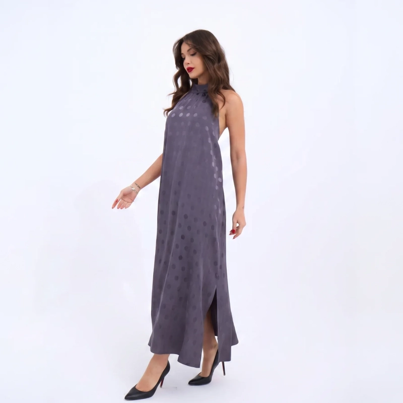 Women's Premium Evening Patterned Halter - Neck Sleeveless Maxi Dress &mdash; Coastal Galas, Luxury Resort Wear &amp; Sunset Soir&eacute;es - Houston Grey