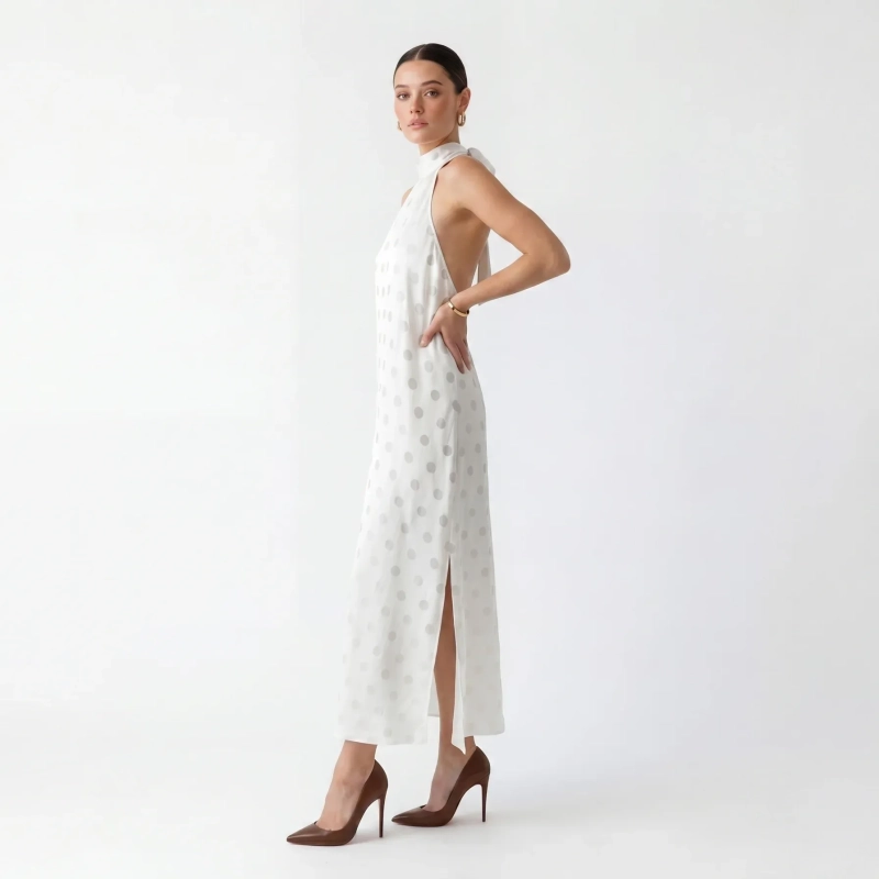 Women's Premium Evening Patterned Halter - Neck Sleeveless Maxi Dress &mdash; Coastal Galas, Luxury Resort Wear &amp; Sunset Soir&eacute;es - Philadelphia White