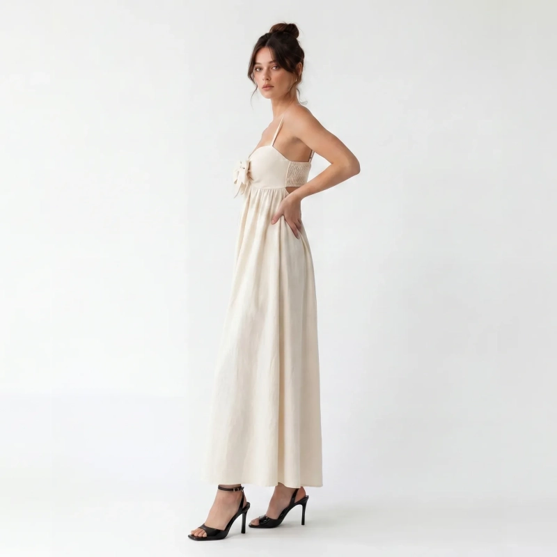 Women's Premium Tie - Front Cami Sleeveless Maxi Dress Evening Gown &mdash; Coastal Galas, Luxury Resort Wear &amp; Sunset Soir&eacute;es  - Beige