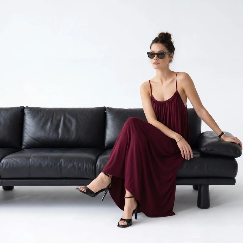 Women's Premium Sleeveless Gathered Cami Maxi Dress Evening Gown &mdash; Coastal Galas, Luxury Resort Wear &amp; Sunset Soir&eacute;es - Burgundy