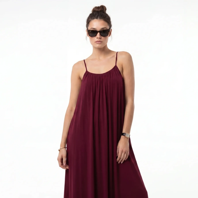Women's Premium Sleeveless Gathered Cami Maxi Dress Evening Gown &mdash; Coastal Galas, Luxury Resort Wear &amp; Sunset Soir&eacute;es  - Burgundy