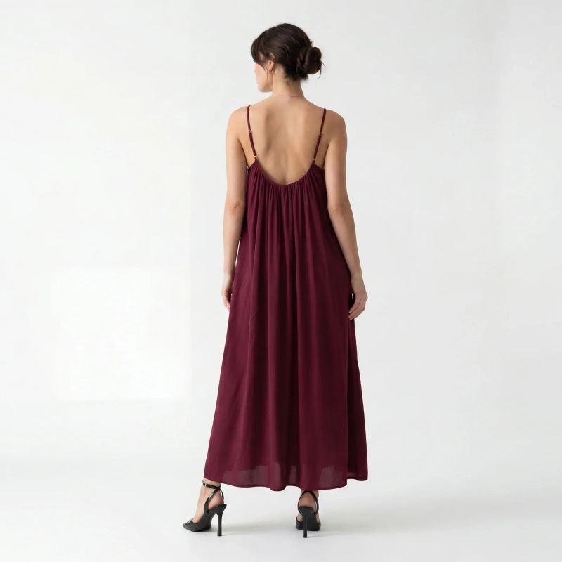 Women's Premium Sleeveless Gathered Cami Maxi Dress Evening Gown &mdash; Coastal Galas, Luxury Resort Wear &amp; Sunset Soir&eacute;es - Burgundy
