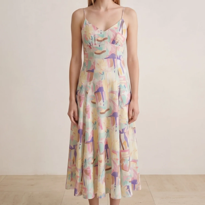 Women's Regular Midi Dress - Artistic Chic &amp; Summer Party Wear - Pastel Abstract Print