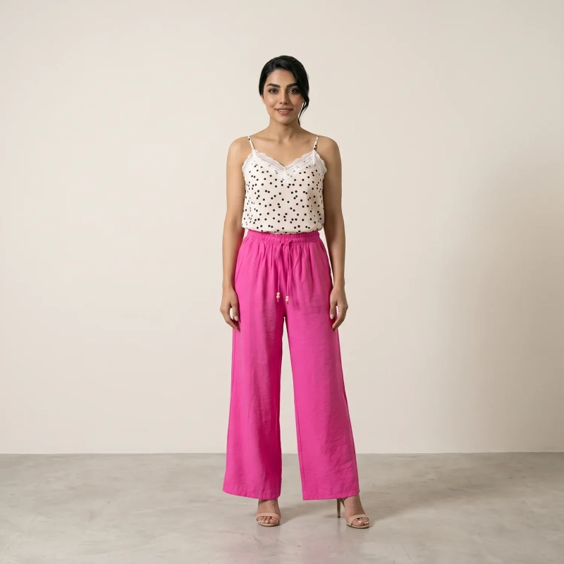 Women&rsquo;s Comfortable Wide-Leg Pants With Waist Belt For Daily Wear - Pink