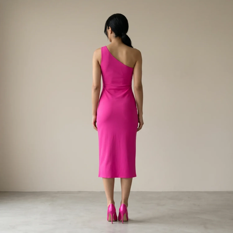 Women's Slim One-Shoulder Dress - Cocktail Party &amp; Evening Glam Wear - Fuchsia Pink