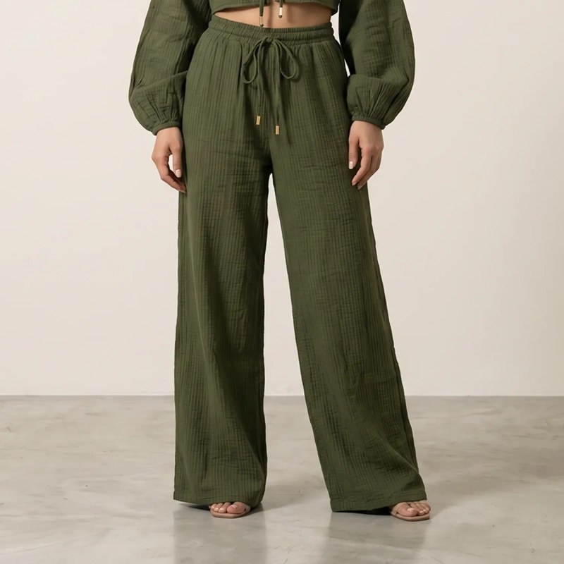 Women's Regular Wide-Leg Pants - Effortless Daily Wear &amp; Summer Travel Style - Olive Green