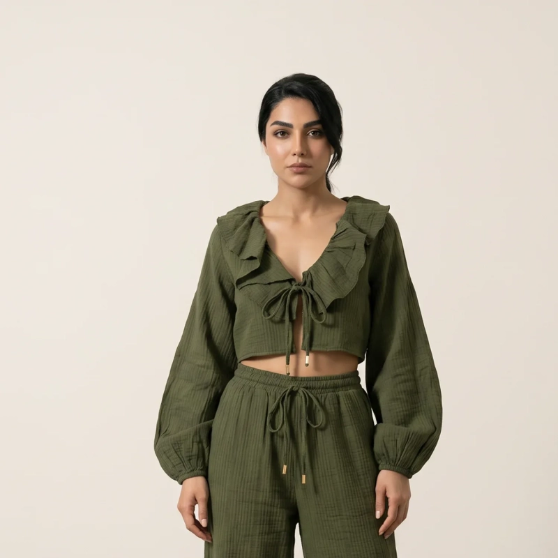 Women's Regular Ruffle Blouse - Romantic Chic &amp; Summer Party Styling - Olive Green