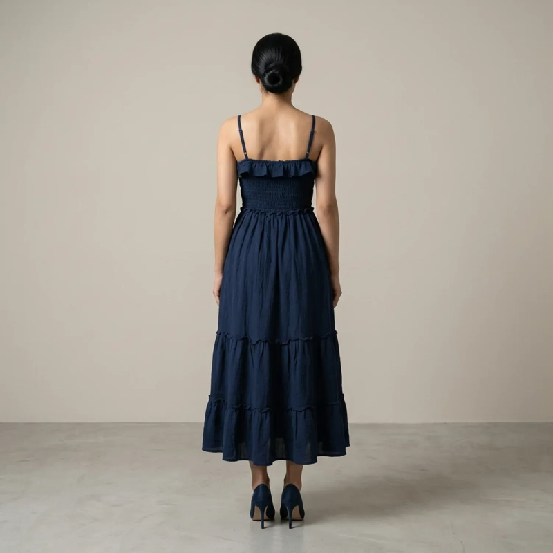 Women's Regular Casual Chic Maxi Dress - Smocked Bodice and Tiered Skirt - Navy Blue