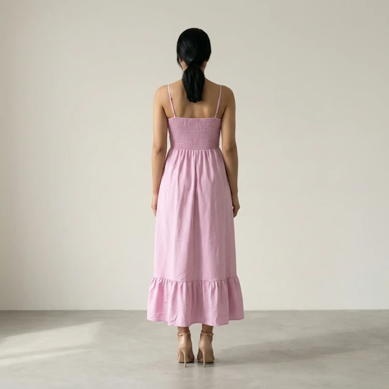 Women's Regular Casual Chic Midi Dress - Summer Spaghetti Straps and Ruffle Hem - Pink