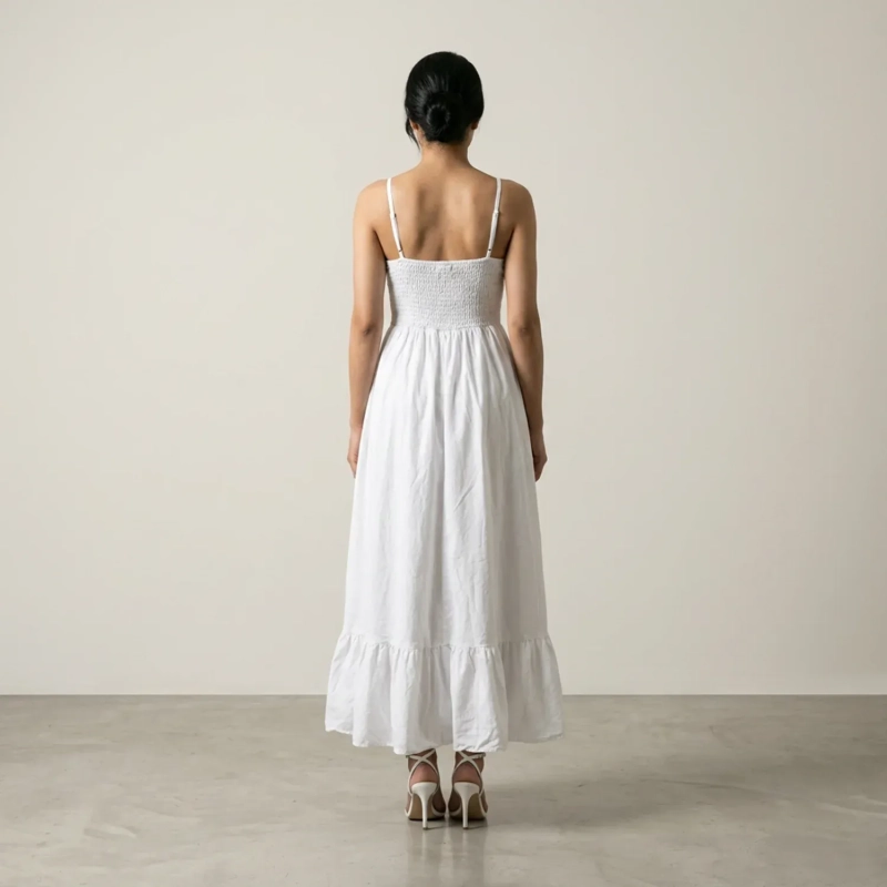Women's Regular Casual Chic Midi Dress - Summer Spaghetti Straps and Ruffle Hem - White