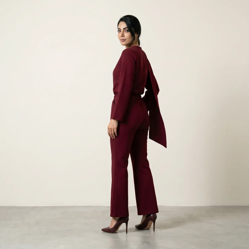 Women's Asymmetric Tailored Pants Suit - Elegant Formal &amp; Evening Wear - Maroon