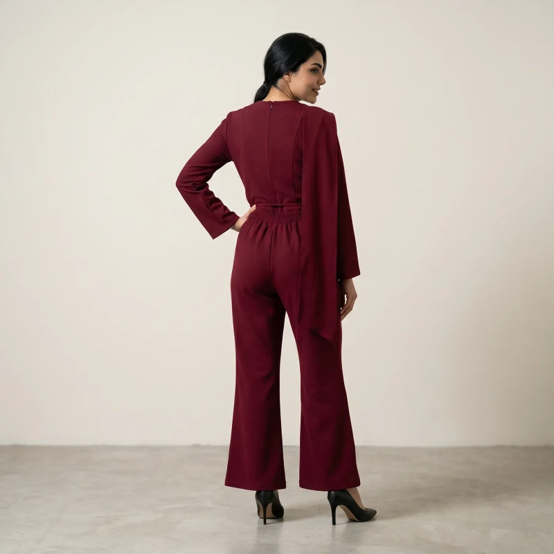 Women's Asymmetric Tailored Pants Suit - Elegant Formal &amp; Evening Wear - Maroon