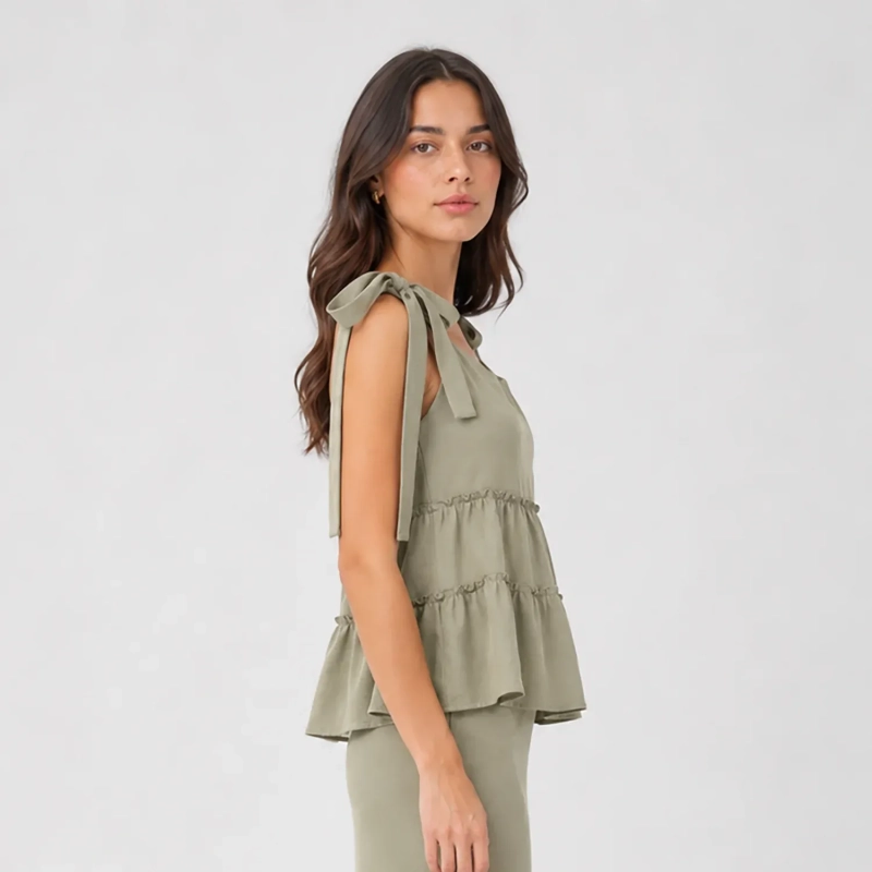 Women's Regular Casual Chic Top - Tiered Layers and Bow Straps - Sage Green