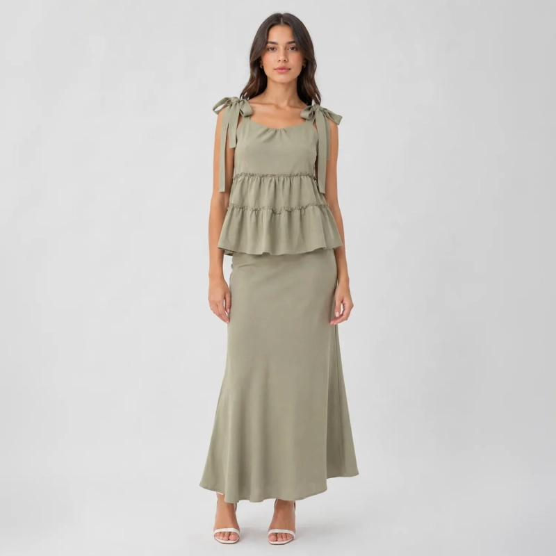 Women's Regular Casual Chic Top - Tiered Layers and Bow Straps - Sage Green