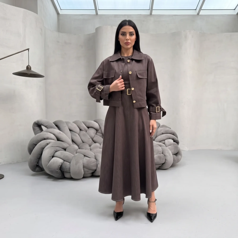 Women's Regular Modern Utility &amp; Elegant Streetwear Denim Set &mdash; Structured Tailoring &amp; Layered Sophistication &mdash; Brown Denim