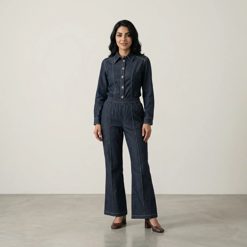 Women's Regular Denim Set - Modern Utility &amp; Elegant Streetwear Coordinate - Dark Denim Blue