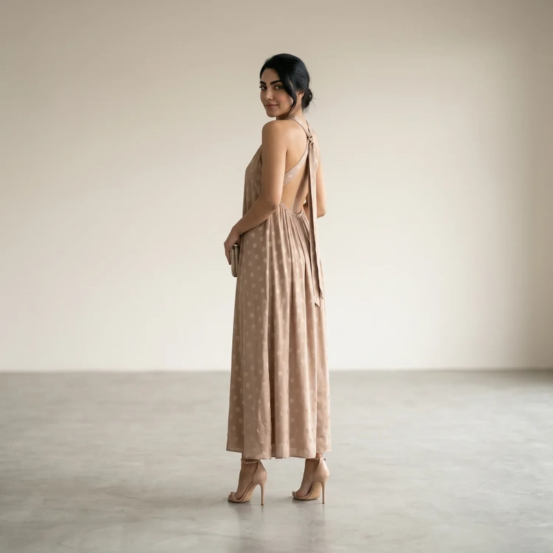 Women's Premium Evening Patterned Halter - Neck Sleeveless Maxi Dress &mdash; Coastal Galas, Luxury Resort Wear &amp; Sunset Soir&eacute;es - Seattle Beige