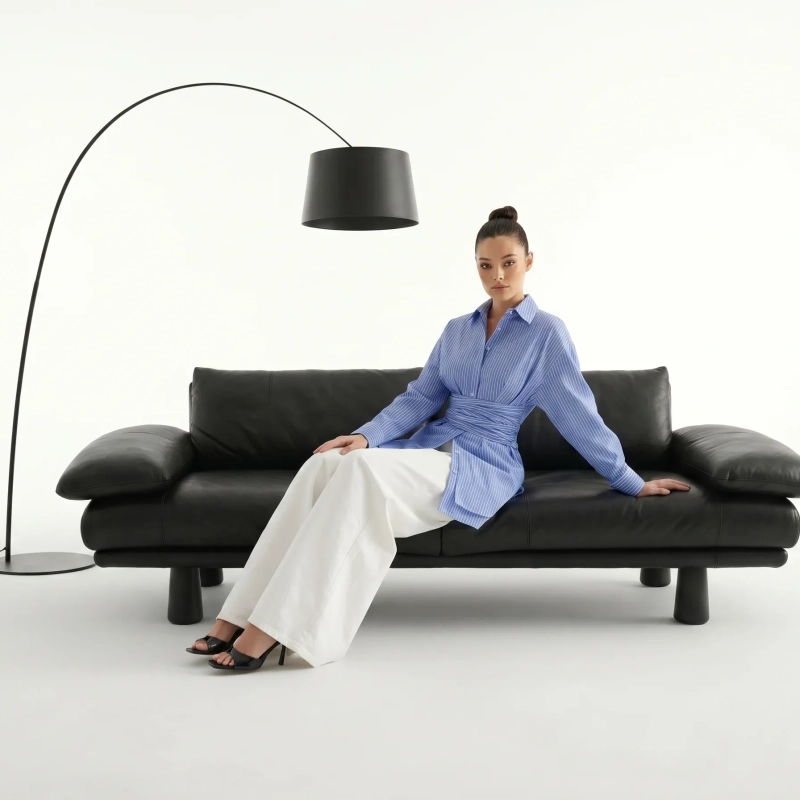 Women's Premium Casual Long - Sleeve Button - Up Shirt With Fabric Belt &mdash; Luxury Lounging, Daytime Socials &amp; Summer Escapes - Blue