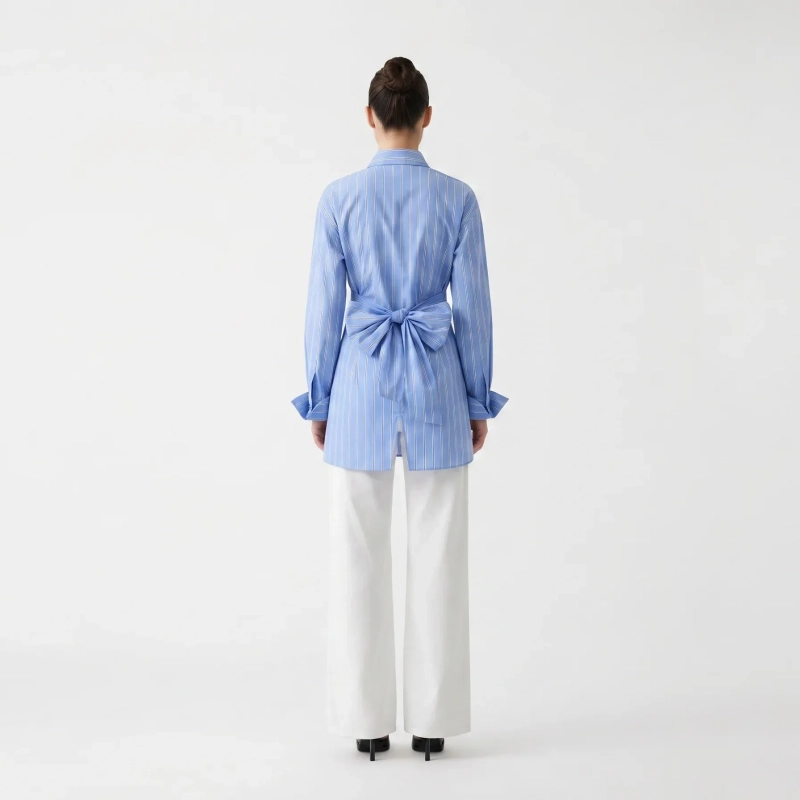 Women's Premium Casual Long - Sleeve Button - Up Shirt With Fabric Belt&mdash; Luxury Lounging, Daytime Socials &amp; Summer Escapes  - San Jose  - Light Blue