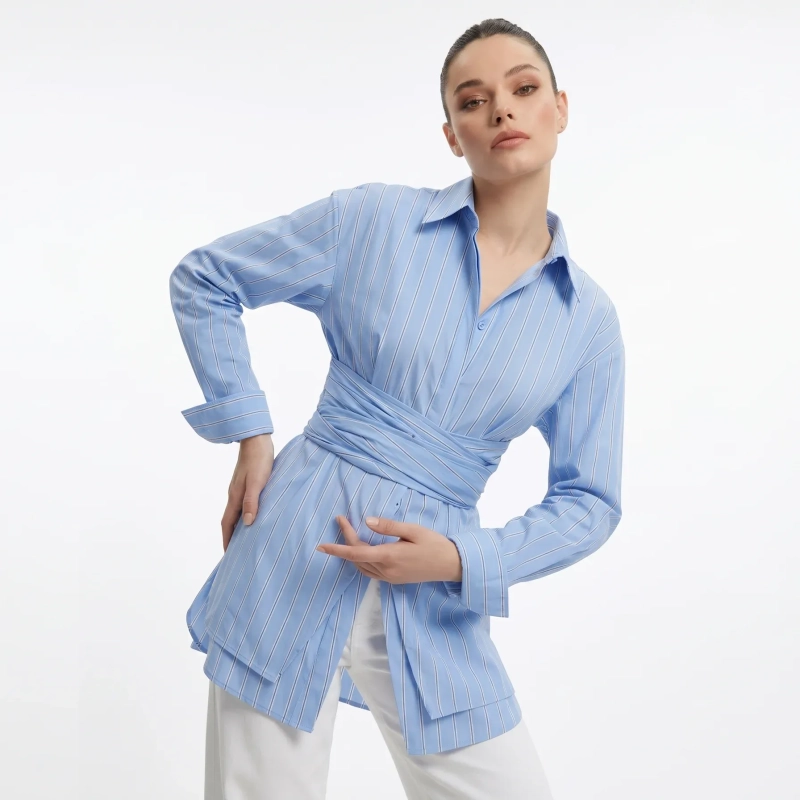 Women's Premium Casual Long - Sleeve Button - Up Shirt With Fabric Belt&mdash; Luxury Lounging, Daytime Socials &amp; Summer Escapes  - San Jose  - Light Blue