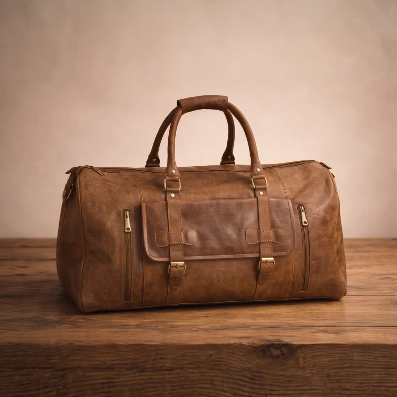 Genuine Leather The Souq Street  The Voyager Duffle Bag Shoe Compartment Pocket Storage Brown 53cm