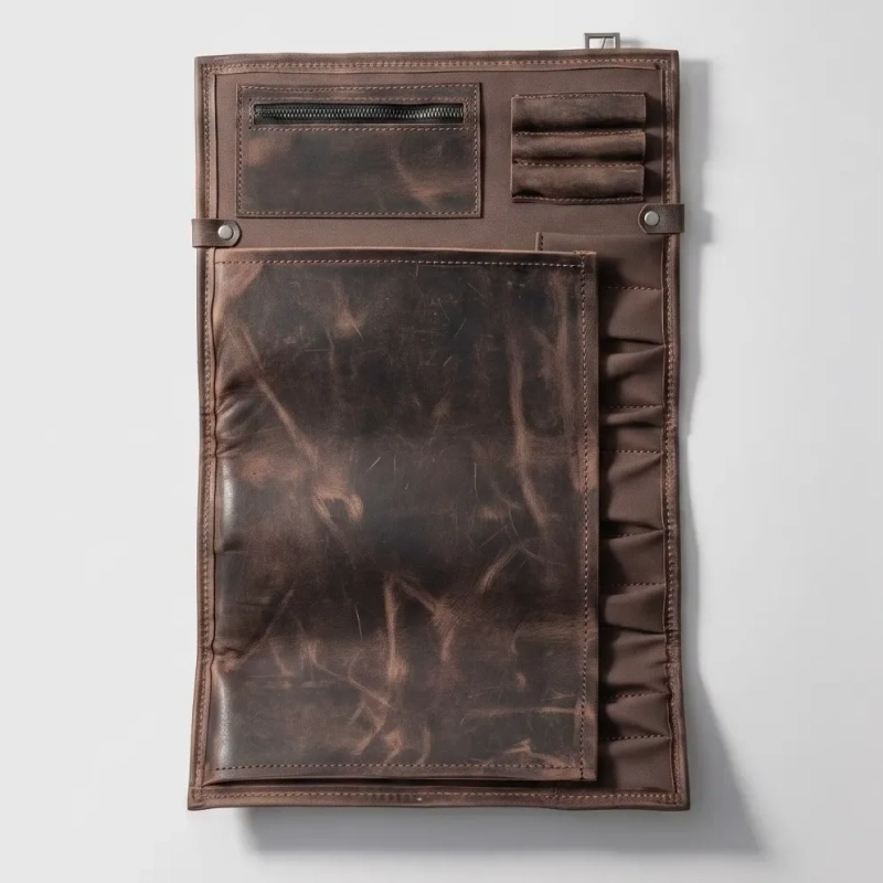 Genuine Leather The Souq Street The Artisan Chef Apparel Two-Piece Knife Roll and Apron Set Coffee Brown