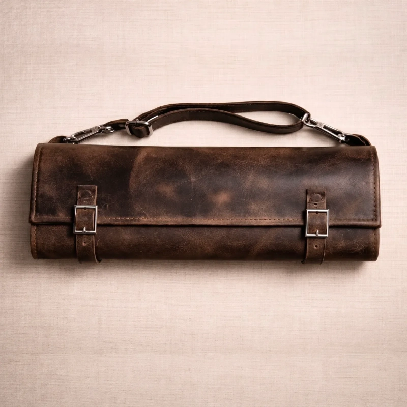 Genuine Leather The Souq Street The Artisan Chef Apparel Two-Piece Knife Roll and Apron Set Coffee Brown