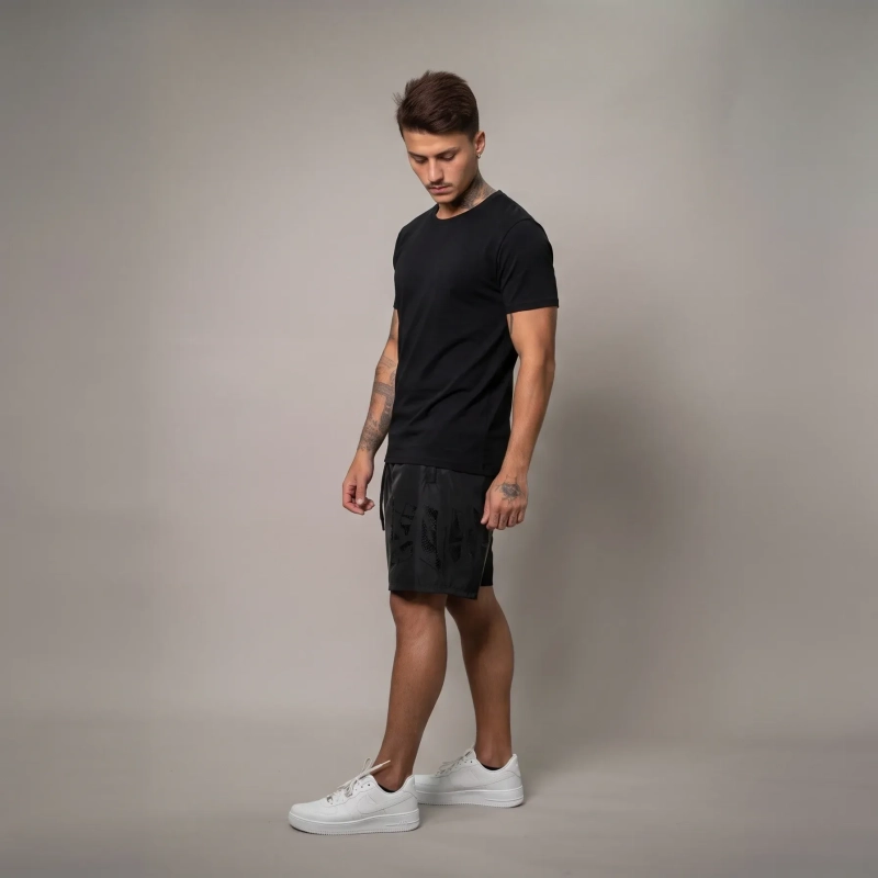 Men&rsquo;s Swim Shorts with Side Print - Lightweight Quick Dry Beach Shorts with Adjustable Drawstring Waist - Black